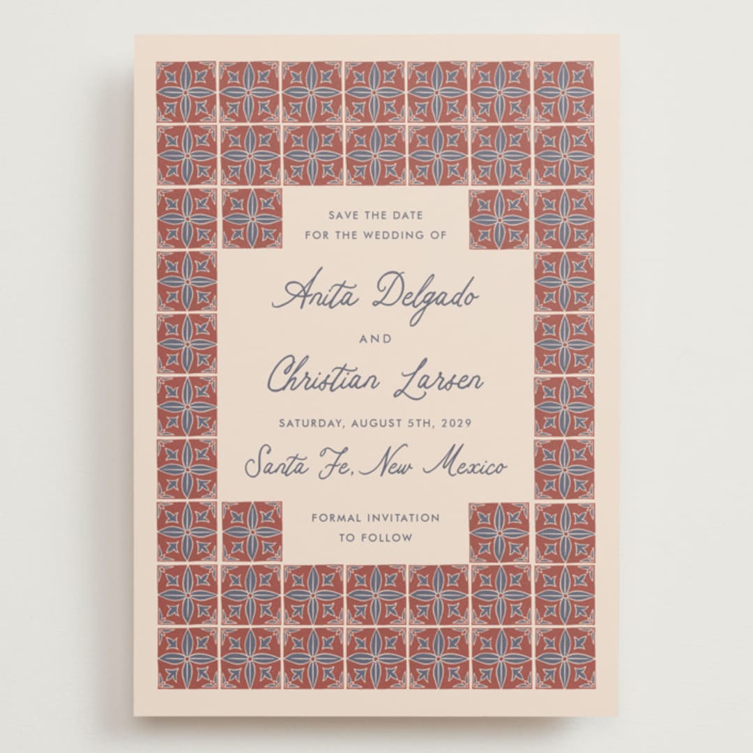 "Block Print Tile" - Save the Dates in Terracotta by Katharine Watson - Front
