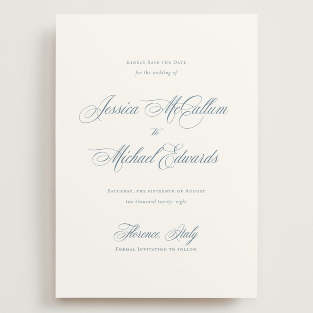 "Empire" - Save the Dates in Dusty Blue by Jennifer Postorino - Front