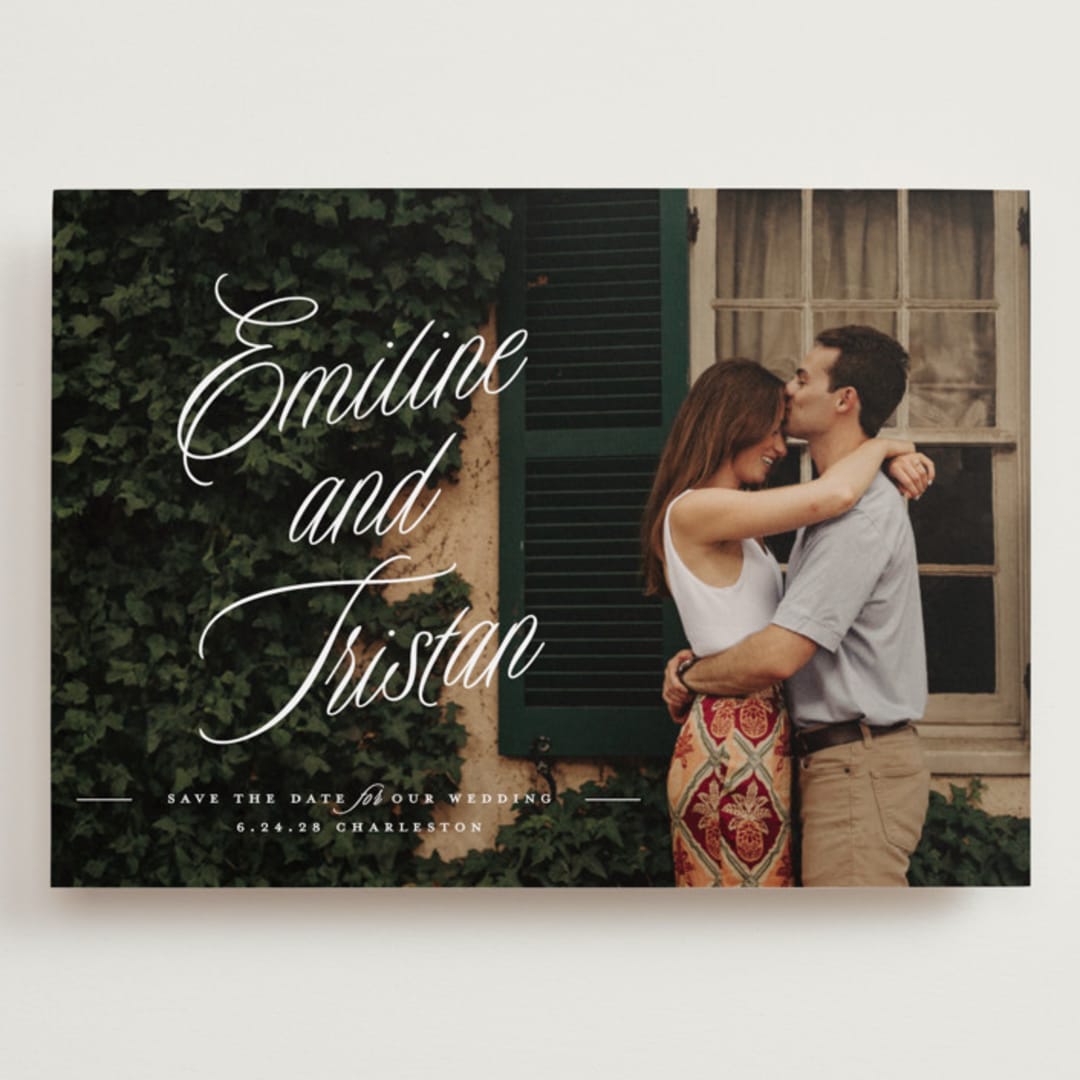 "Sentimental Script" - Save the Dates in Cotton by Susan Zinader - Front