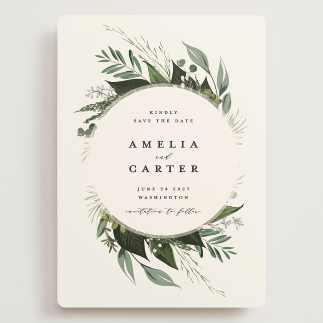 "Natures Greens" - Save the Dates in Ivory by Susan Moyal - Front