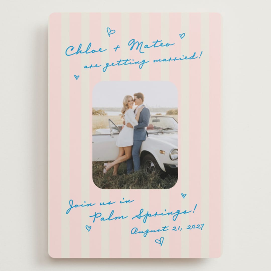 "The Right Stripes" - Save the Dates in Pink Grapefruit by Jackie Crawford - Front