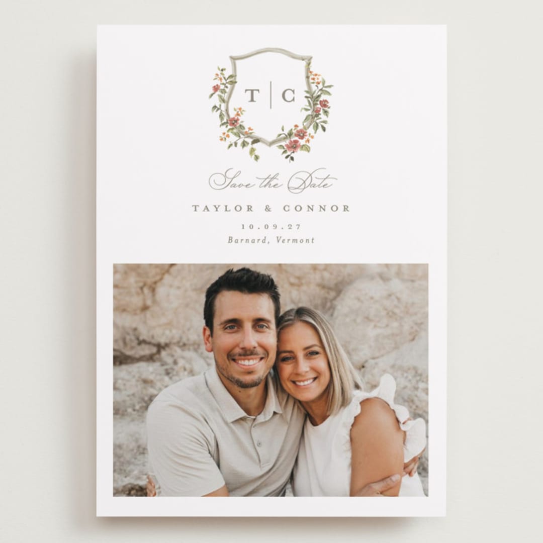 "Foliage Crest" - Save the Dates in Mulberry by Everett Paper Goods - Front