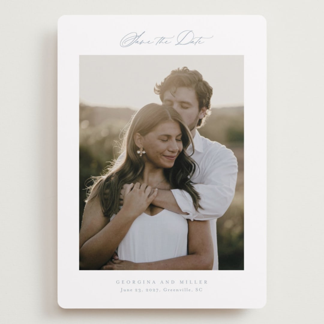 "Modern Air" - Save the Dates in Dusty Blue by Stacey Meacham - Front