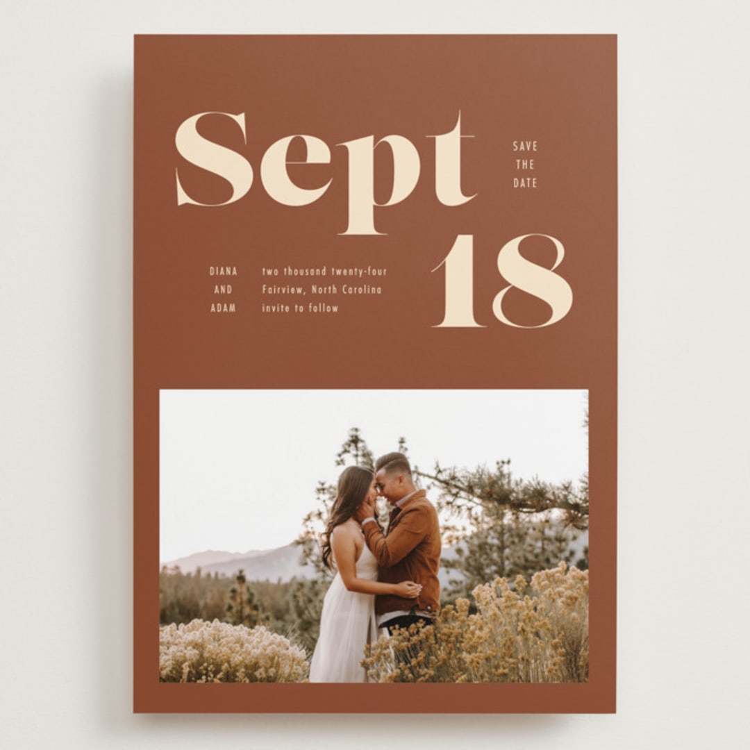 "Bold Print" - Save the Dates in Rust by April Astudillo - Front