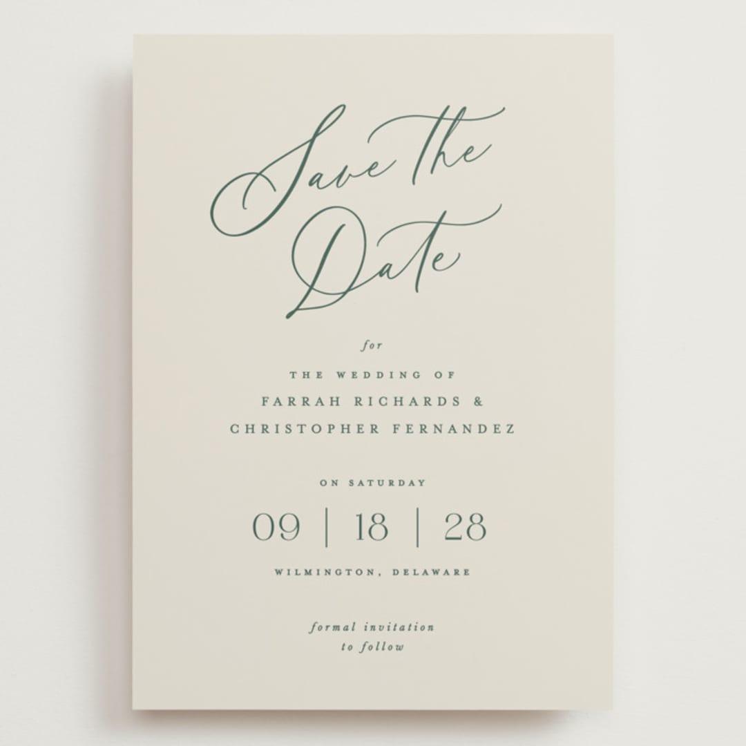 "Beautifully Scripted" - Save the Dates in Evergreen by Hooray Creative - Front