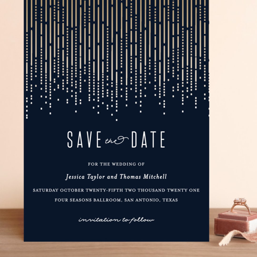 "Crystal Curtain" - Save the Dates in Navy by Rebecca Bowen - Front