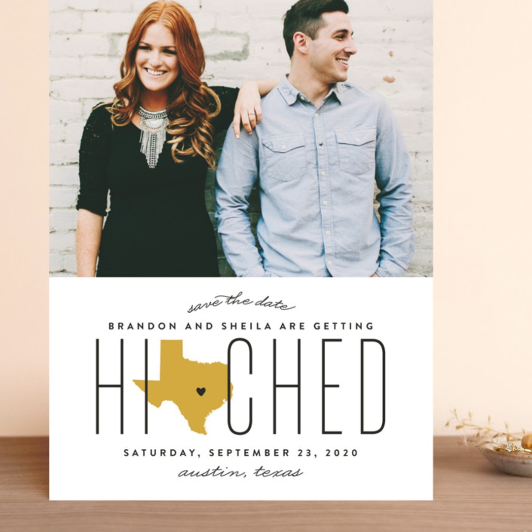 "Hitched in Texas" - Save the Dates in Golden by Erica Krystek - Front