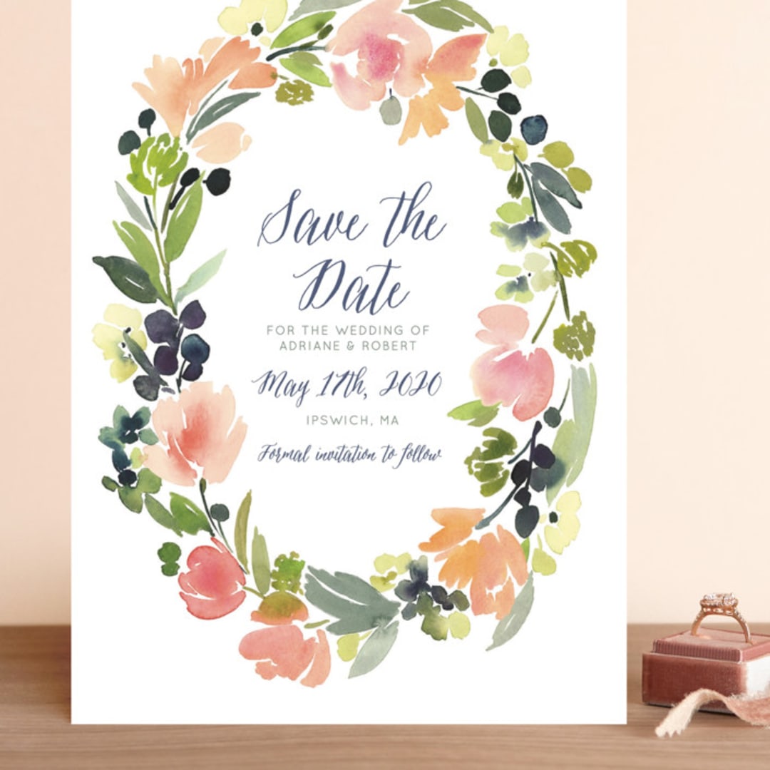 "Watercolor Wreath" - Save the Dates in Grapefruit by Yao Cheng Design - Front