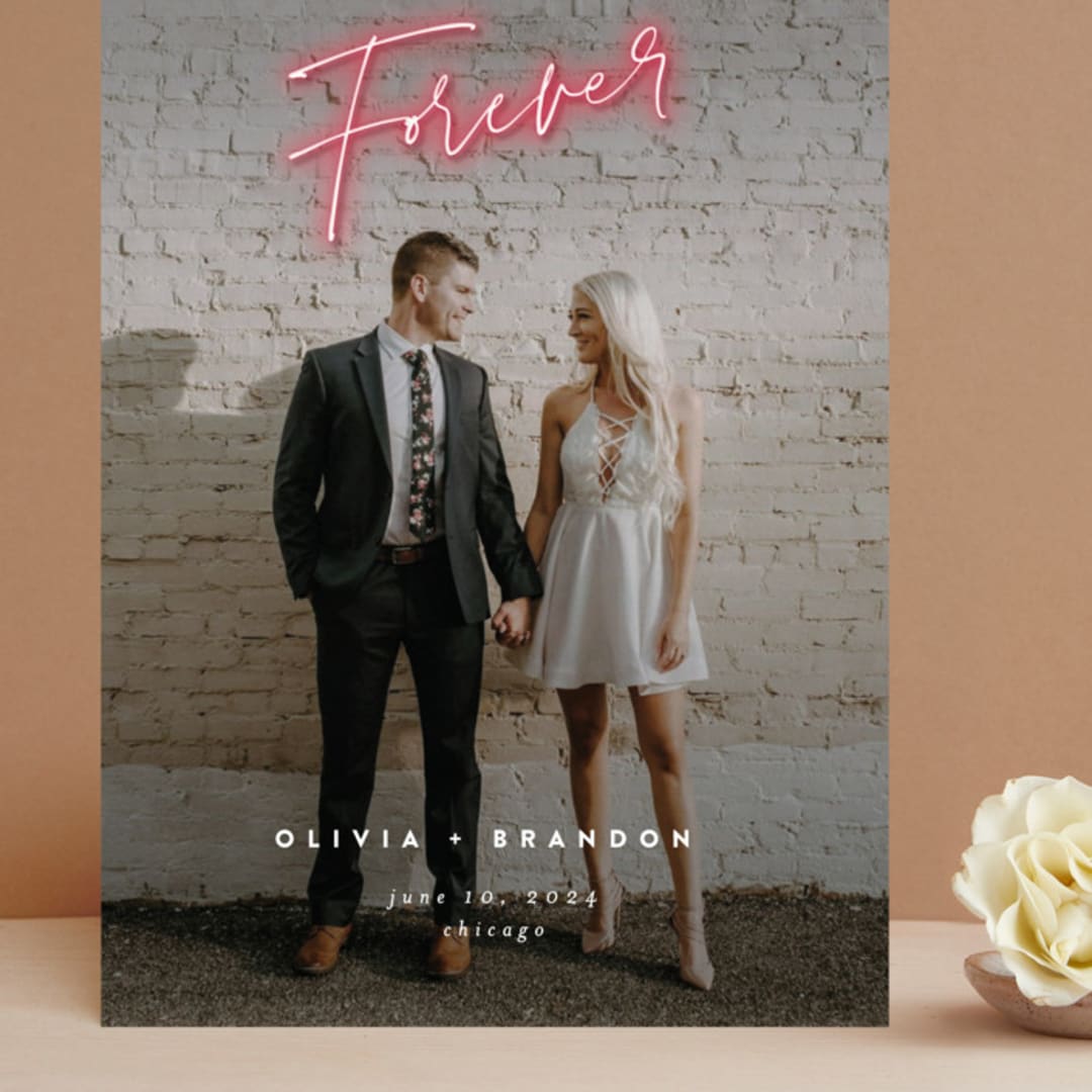 "Neon" - Save the Dates in Flamingo by Joanna Griffin - Front