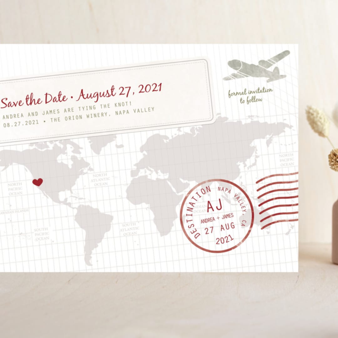 "A Faraway Destination" - Save the Dates in Cranberry by bumble ink - Front