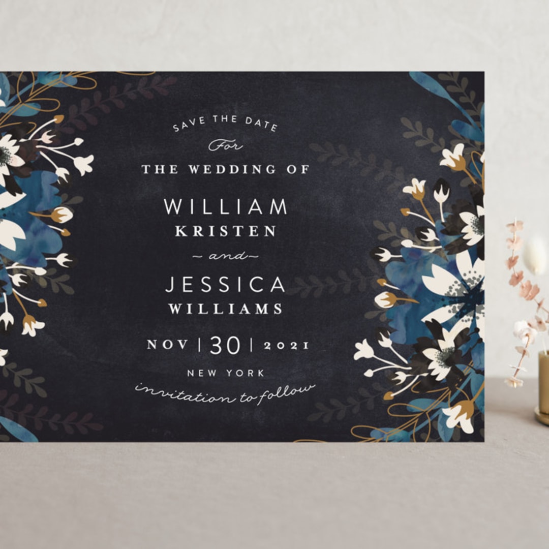 "Enchanting Plum" - Save the Dates in Navy by Phrosné Barwood - Front