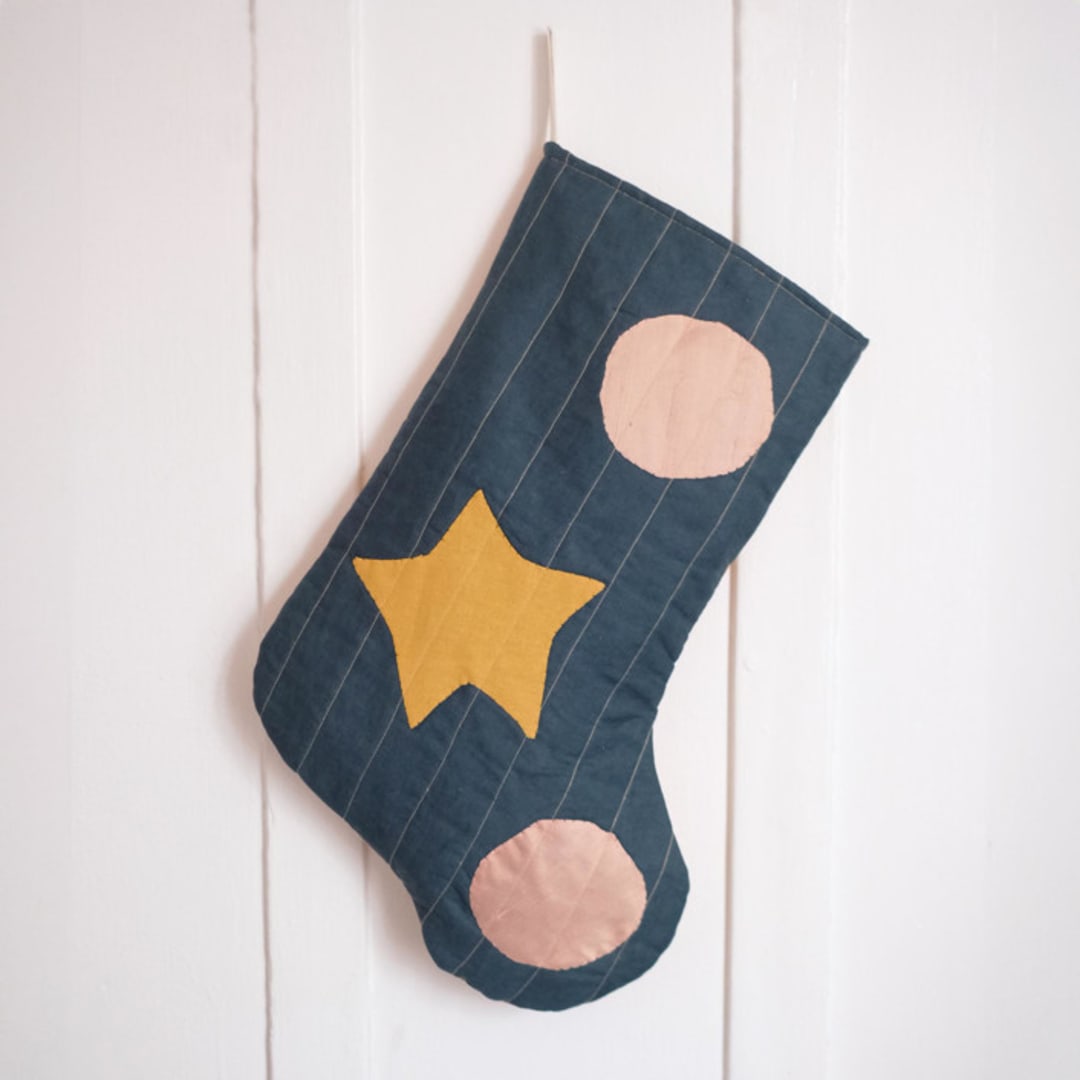 "Green Quilted Stocking with Multi-Color Appliqué Details No.1" - Stockings in green by Quiet Goods