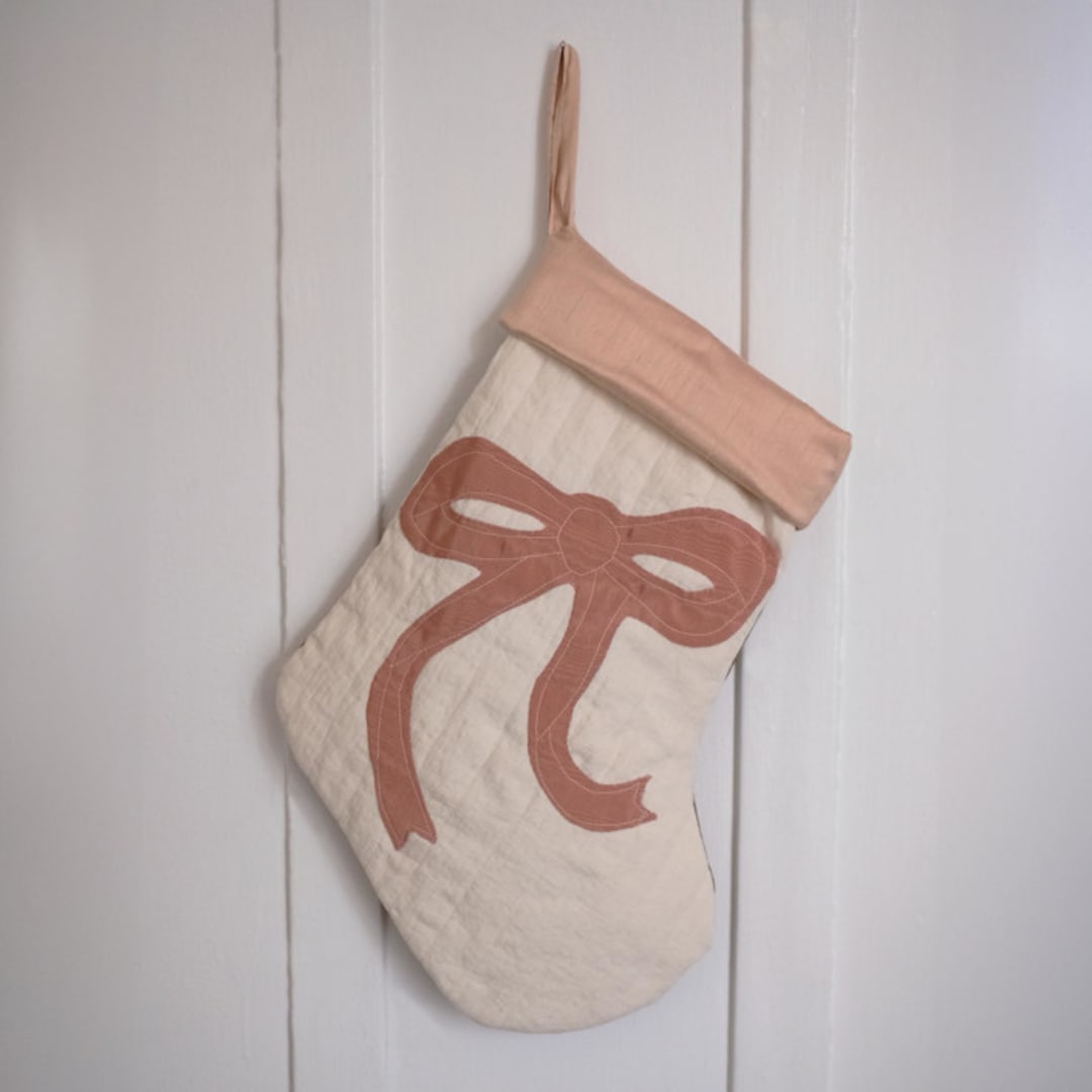 "Cream Quilted Stocking with Mauve Bow Appliqué and Cuff Details" - Stockings in natural by Quiet Goods