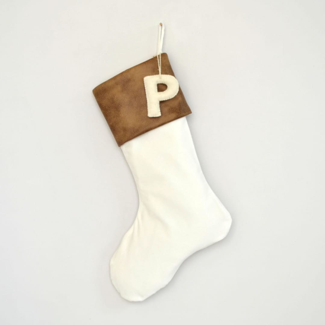"Personalized Christmas Stocking, Velvet Tan Leather" - Stockings in brown by TwentyEight12
