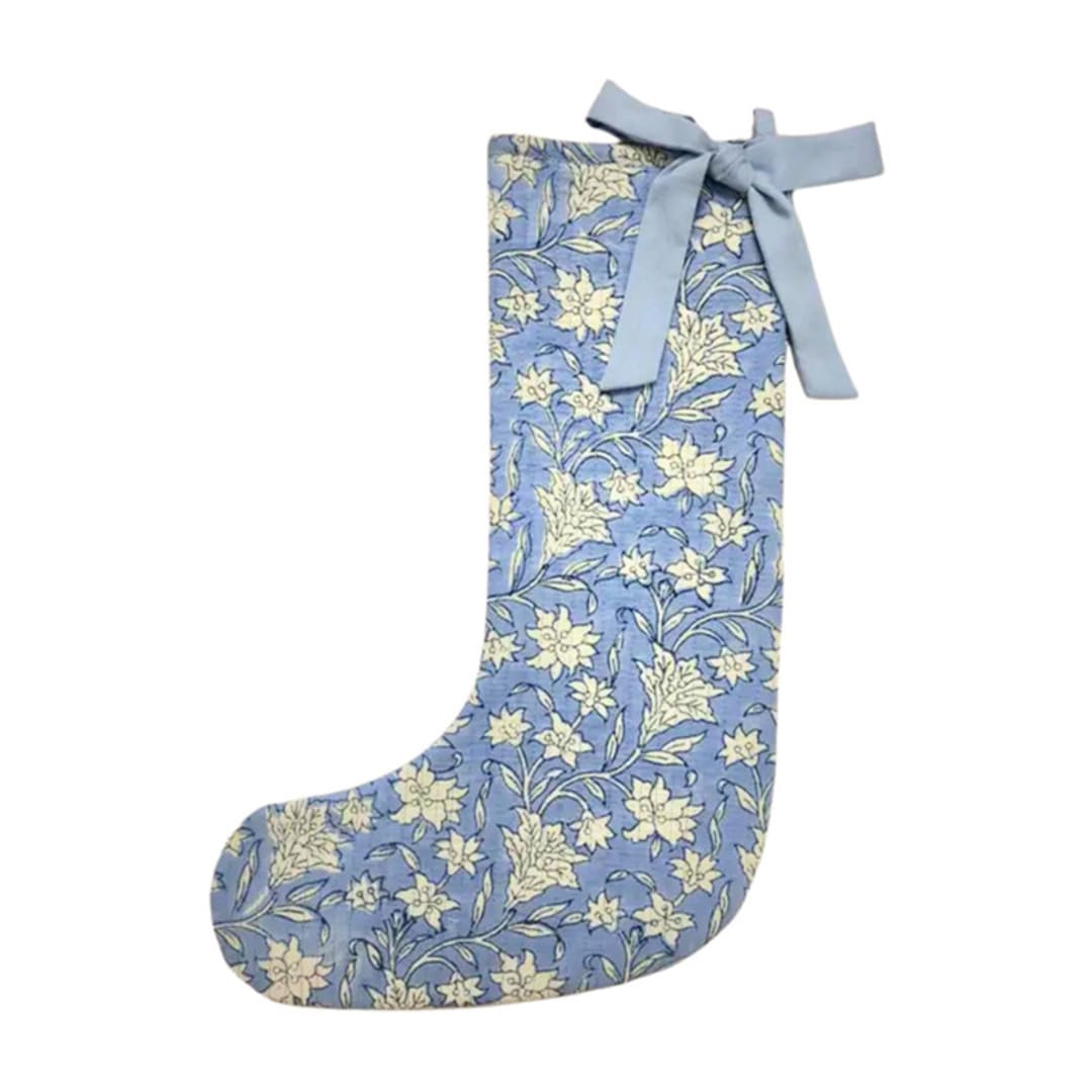 "Blue Holiday Floral Blockprint Stocking" - Stockings in blue by Michelle Pham