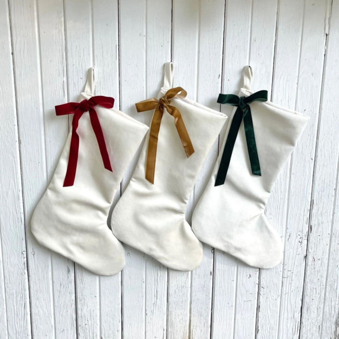 White Velvet Christmas Stocking with Velvet Bow