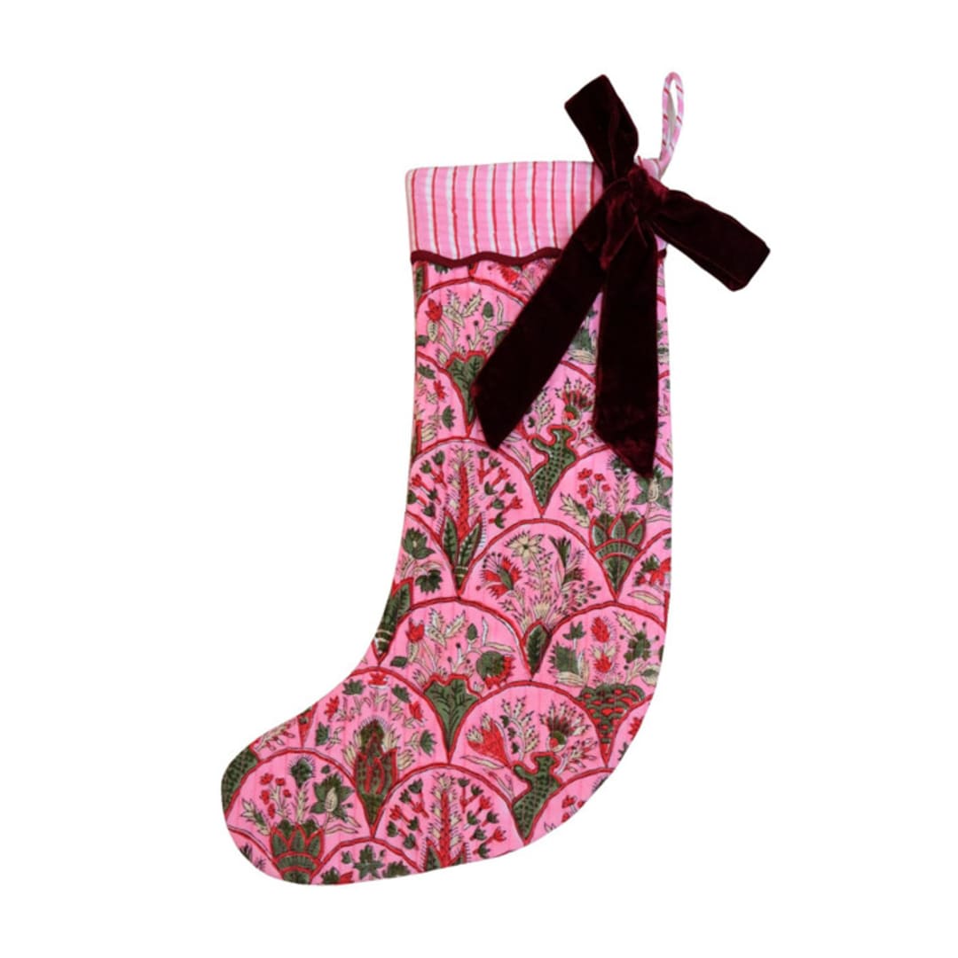 "Blockprint Stocking in Holiday Arch" - Stockings in pink by Michelle Pham