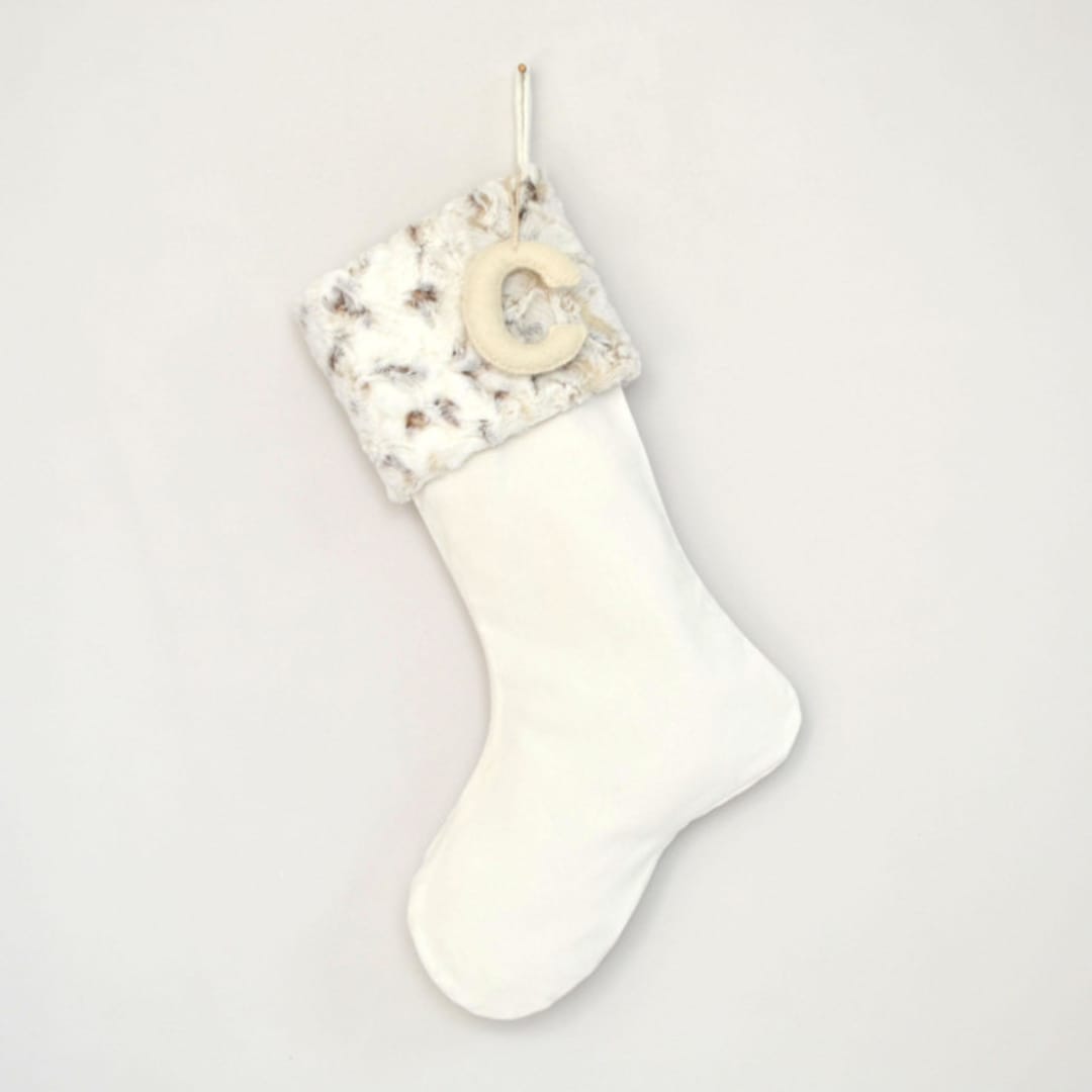 "Personalized Christmas Stocking, Velvet Neutral Faux Fur" - Stockings in white by TwentyEight12