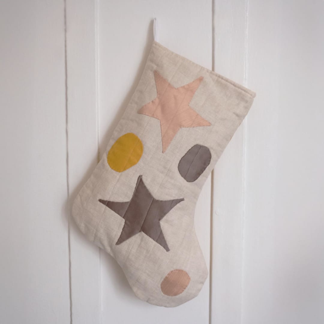 "Cream Quilted Stocking with Multi-Color Appliqué Details" - Stockings in natural by Quiet Goods