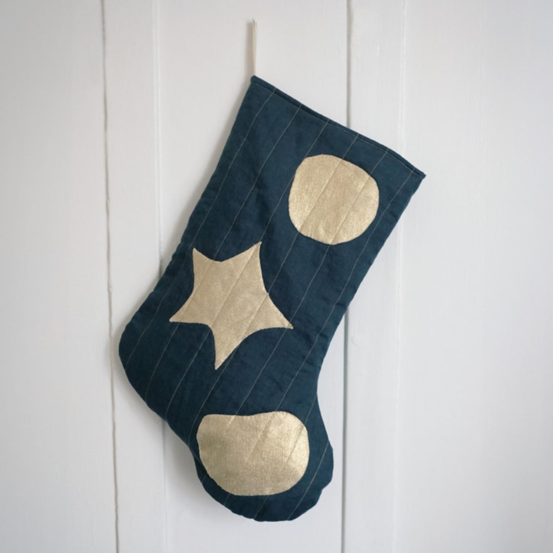 "Green Quilted Stocking with Gold Appliqué Details No.3" - Stockings in green by Quiet Goods