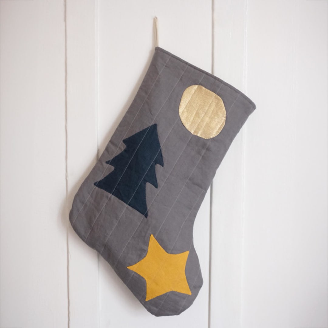 "Charcoal Quilted Stocking with Multi-Color Appliqué Details No.2" - Stockings in gray by Quiet Goods
