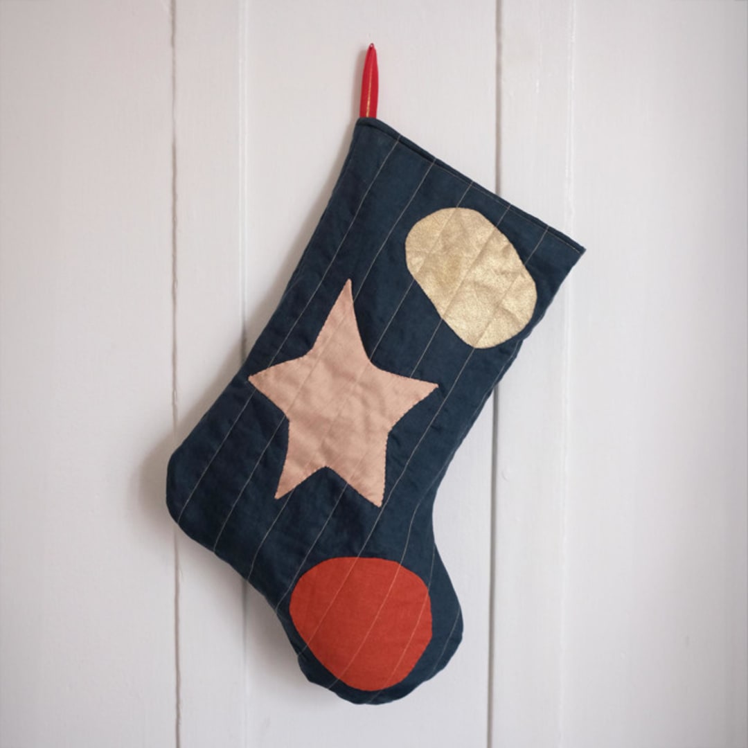 "Green Quilted Stocking with Multi-Color Appliqué Details No.2" - Stockings in green by Quiet Goods