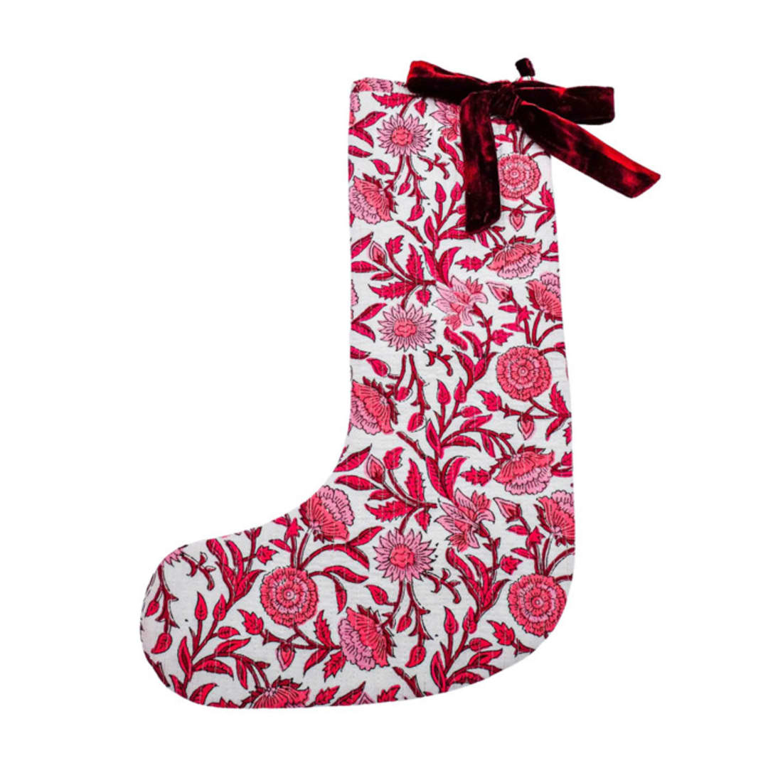 "Red Holiday Floral Blockprint Stocking" - Stockings in red by Michelle Pham