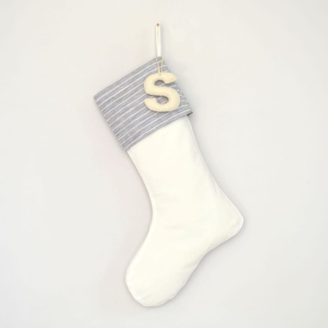 "Personalized Christmas Stocking, Velvet Gray & White Stripes" - Stockings in gray by TwentyEight12