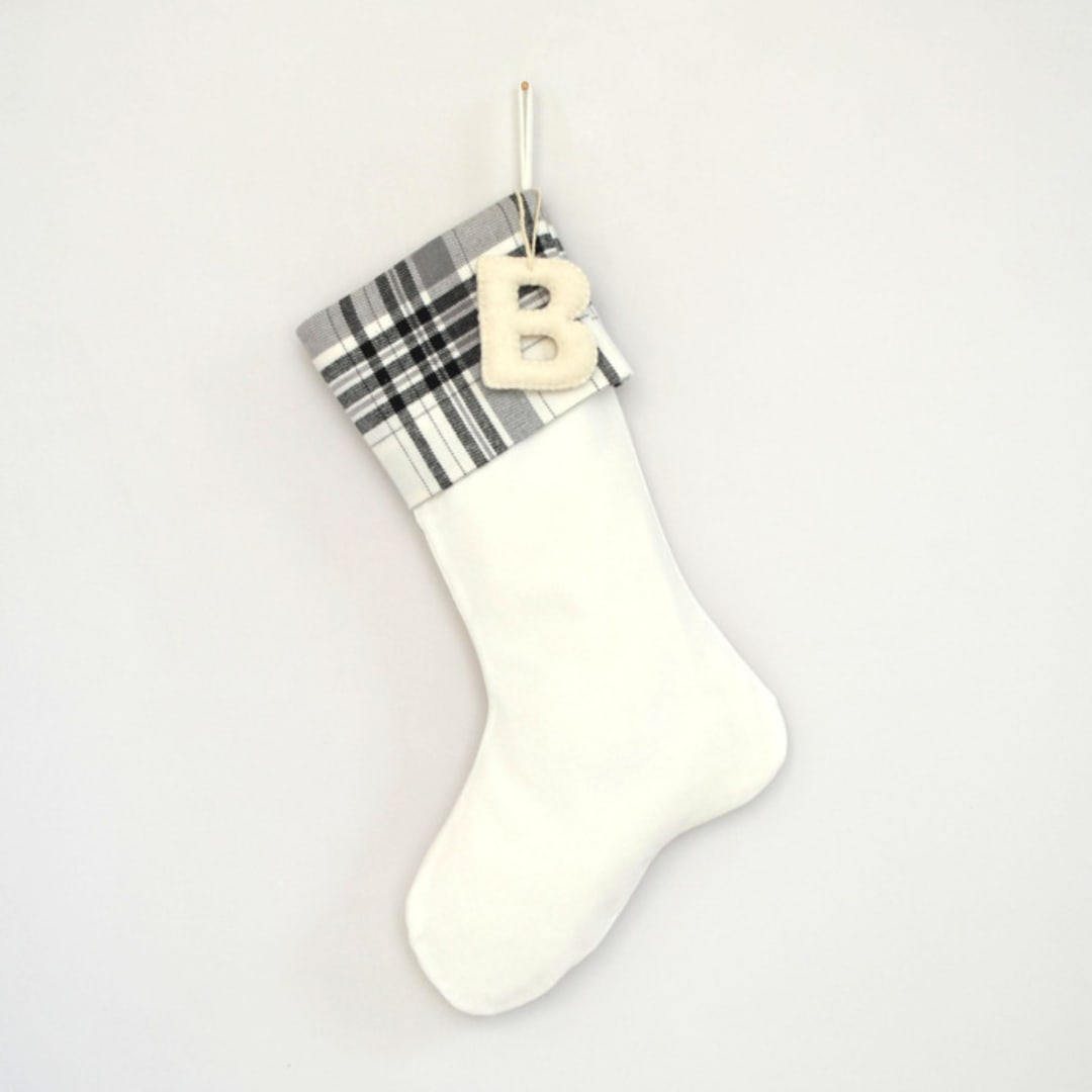 "Personalized Christmas Stocking, Velvet Black, Gray & White Plaid" - Stockings in gray by TwentyEight12