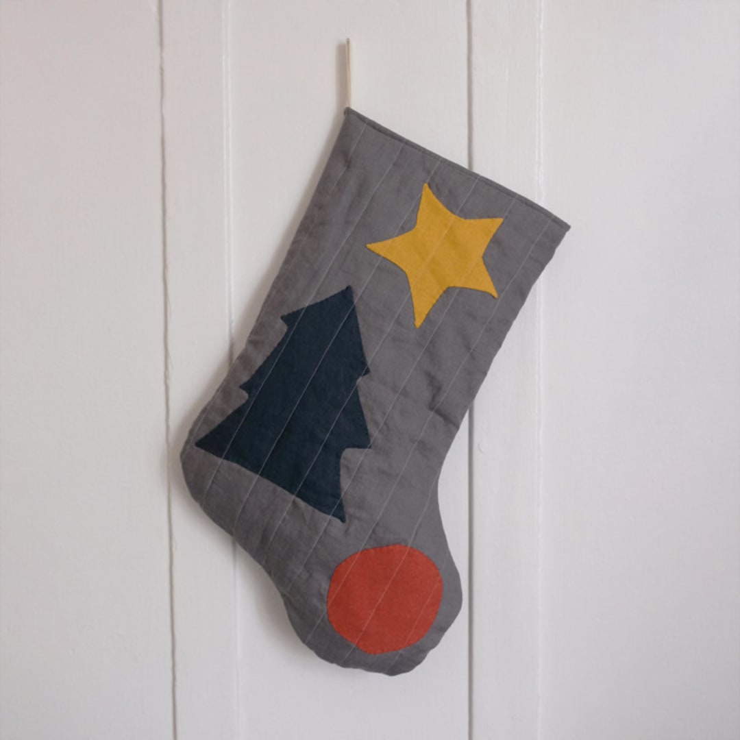 "Charcoal Quilted Stocking with Multi-Color Appliqué Details No.1" - Stockings in gray by Quiet Goods