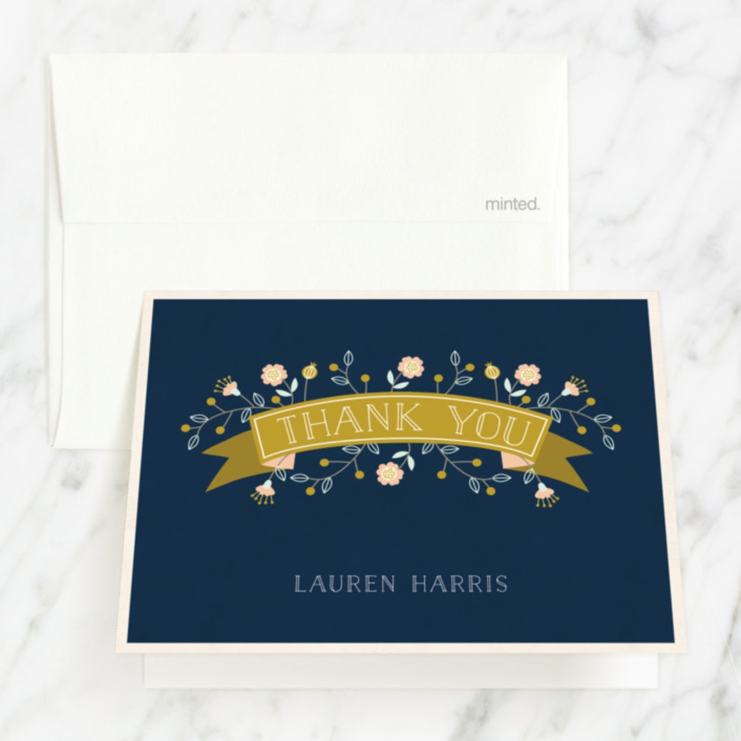 "Floral Banner" - Sweet Sixteen Party Thank You Cards in Midnight by Nam Bourassa - Front