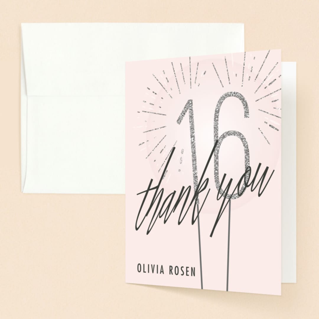 "Sixteen Sparklers" - Sweet Sixteen Party Thank You Cards in Blush by Annie Holmquist - Front