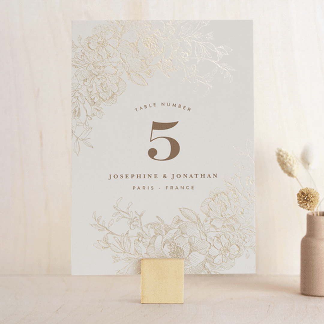 "Engraved Flowers" - Table Numbers in Gold by Phrosné Barwood - Front