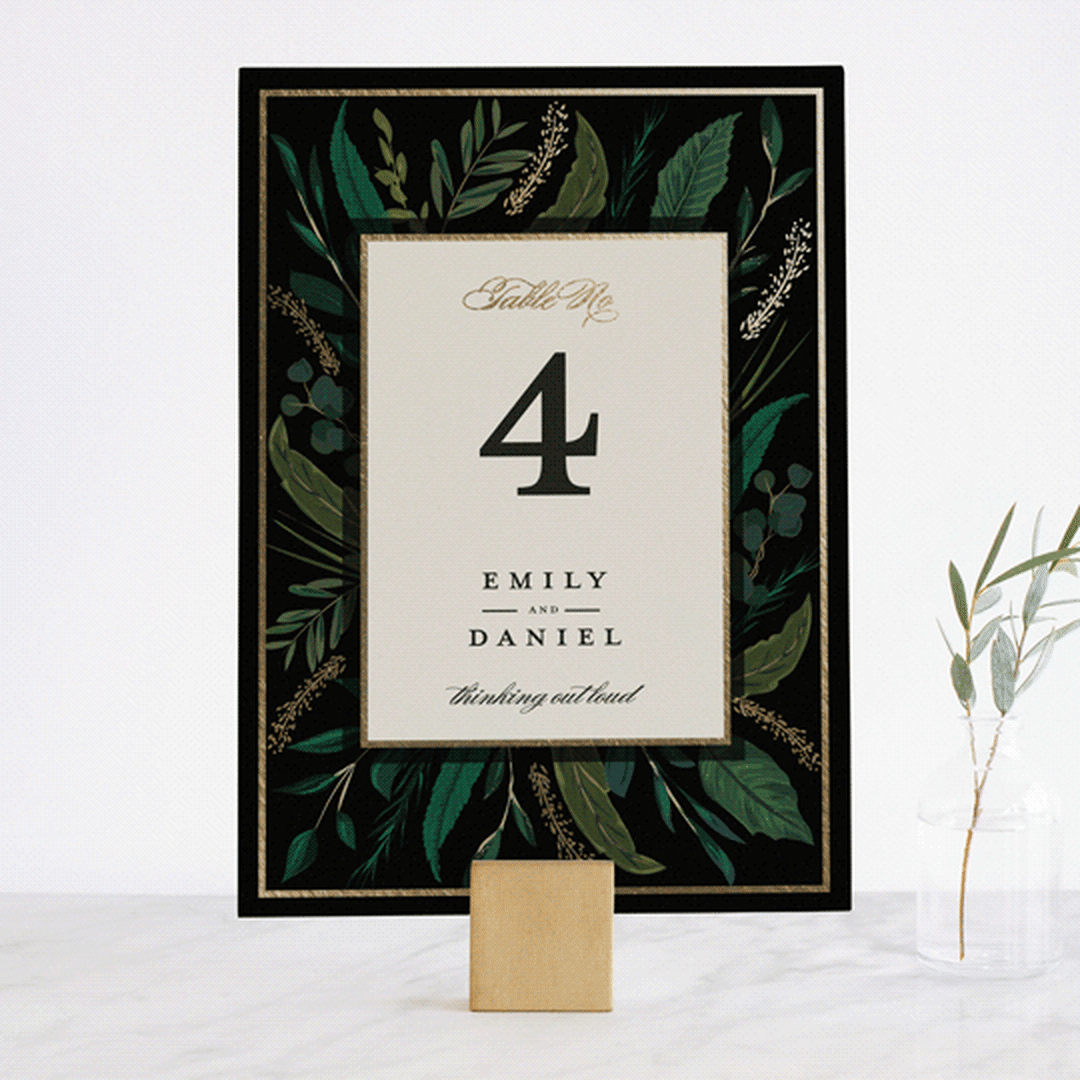 "Emerald Leaves" - Table Numbers in Midnight by Susan Moyal - Front