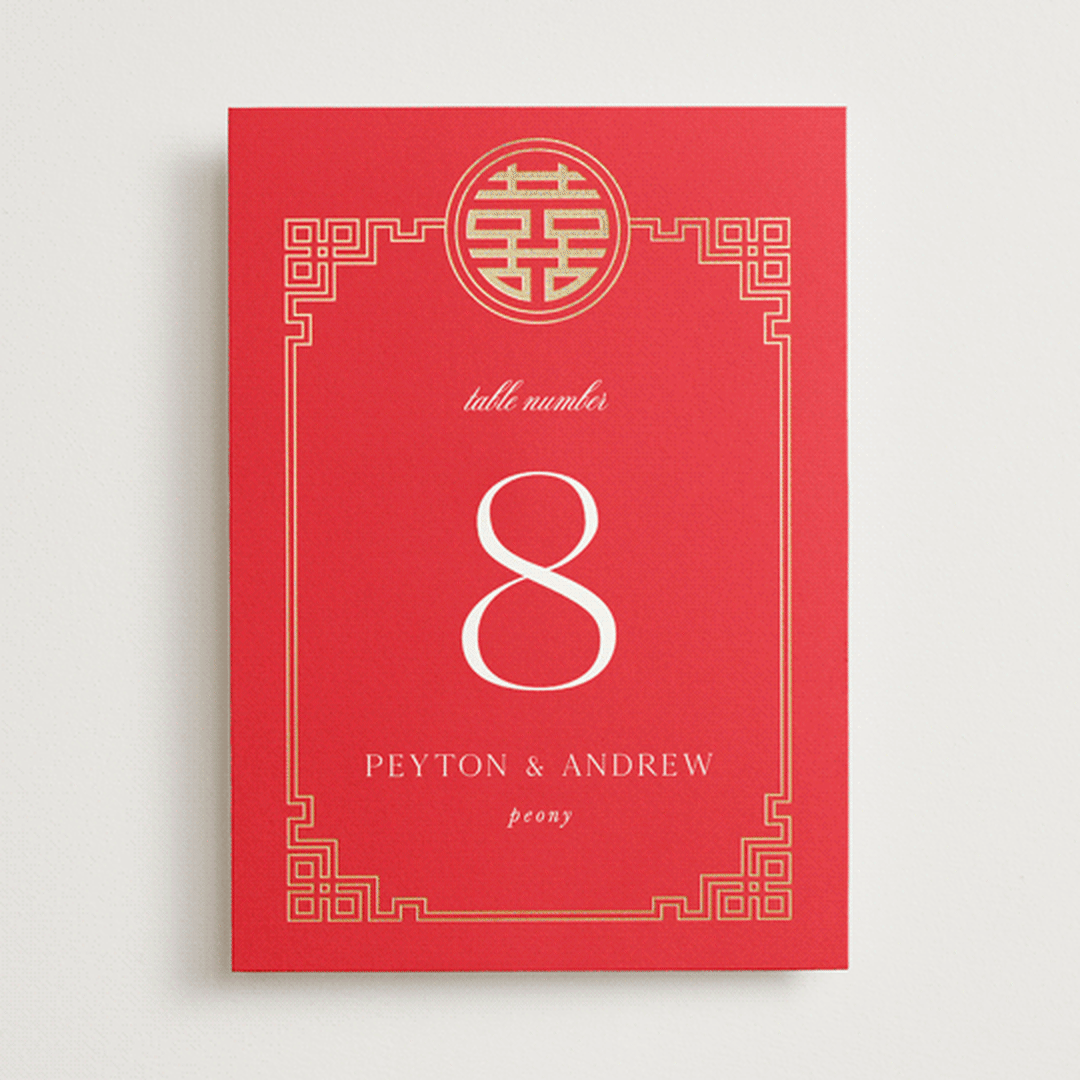 "HAPPINESS x 2" - Table Numbers in Ruby by Melanie Kosuge - Front