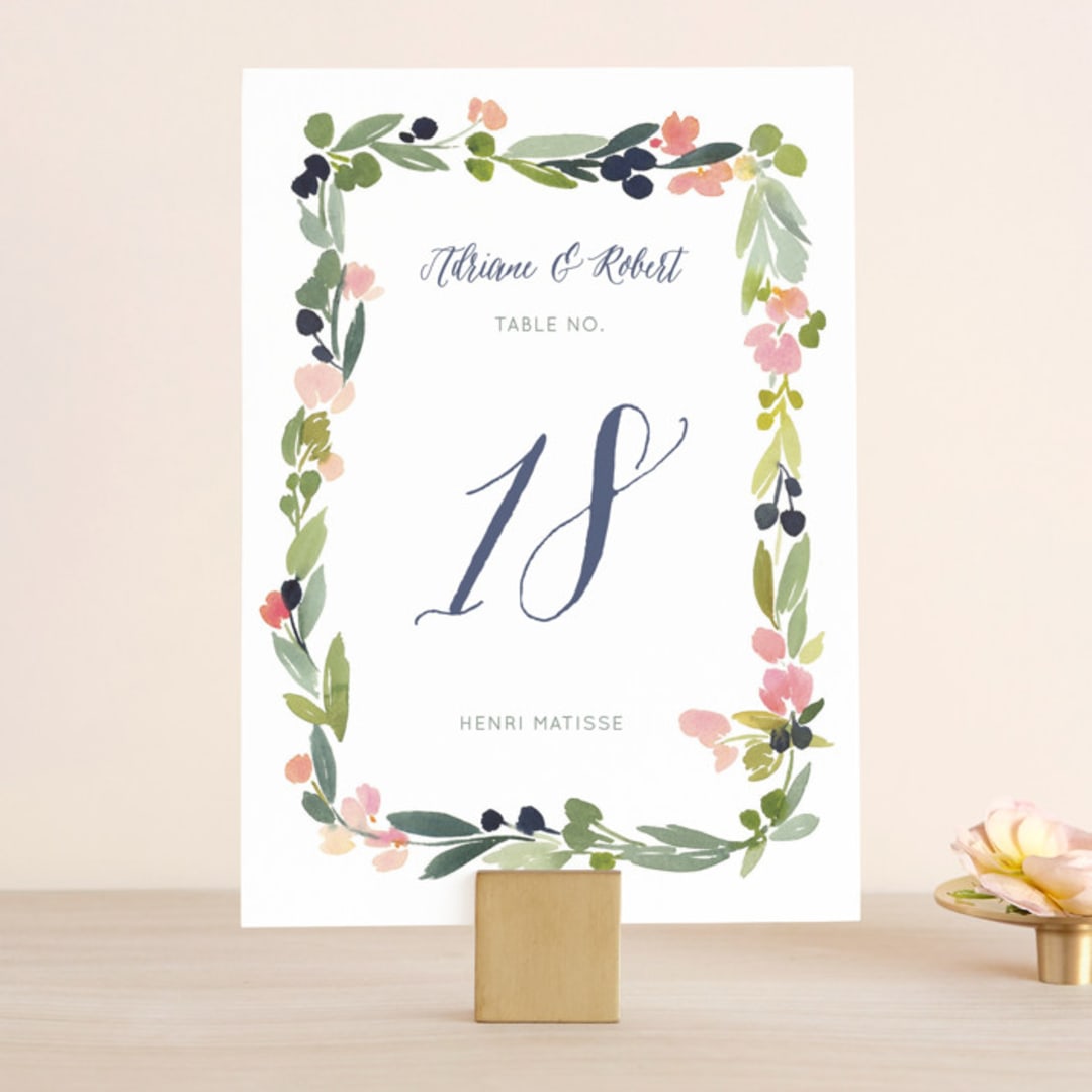 "Watercolor Wreath" - Table Numbers in Grapefruit by Yao Cheng Design - Front