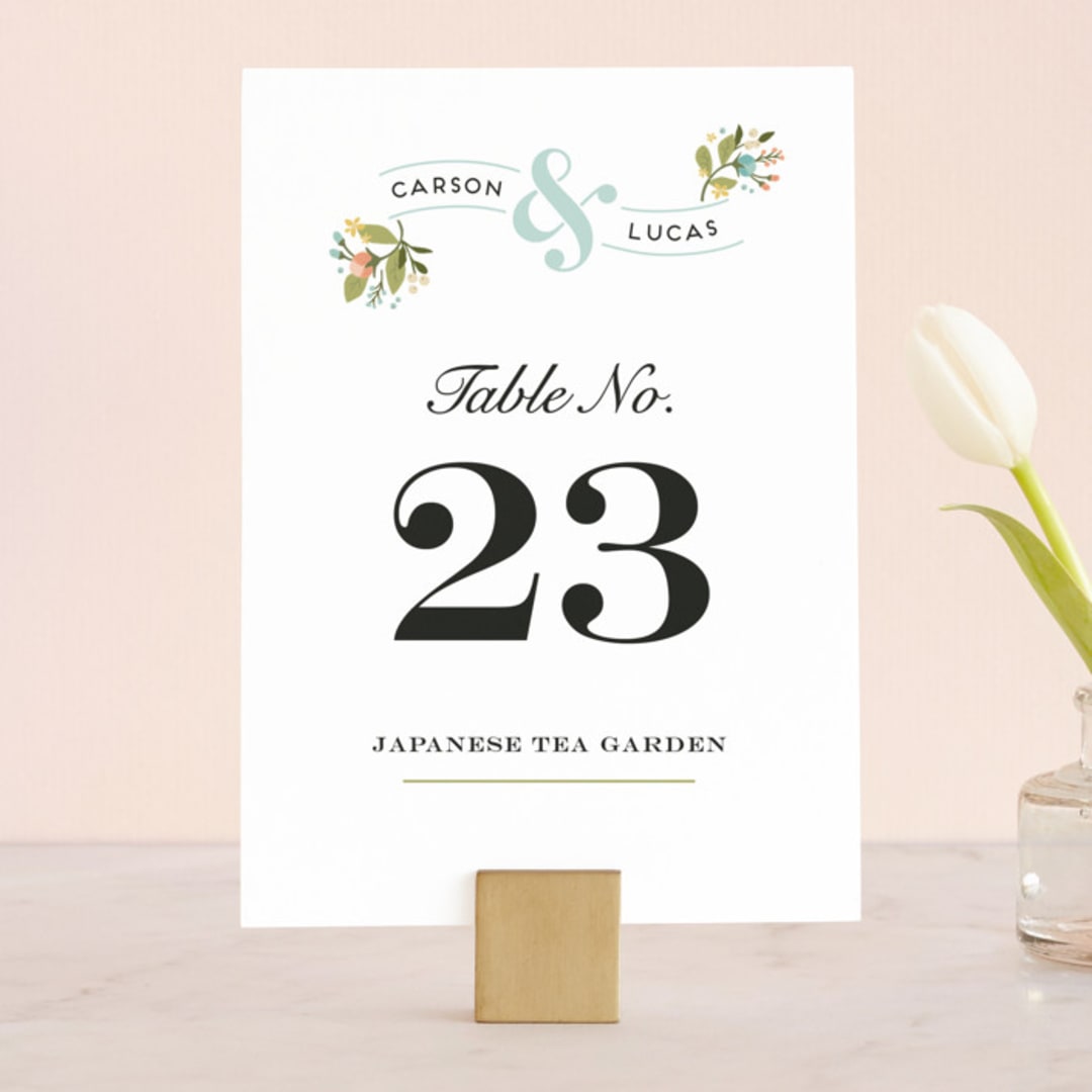 "Floral Ampersand" - Table Numbers in Sea Breeze by Jennifer Wick - Front