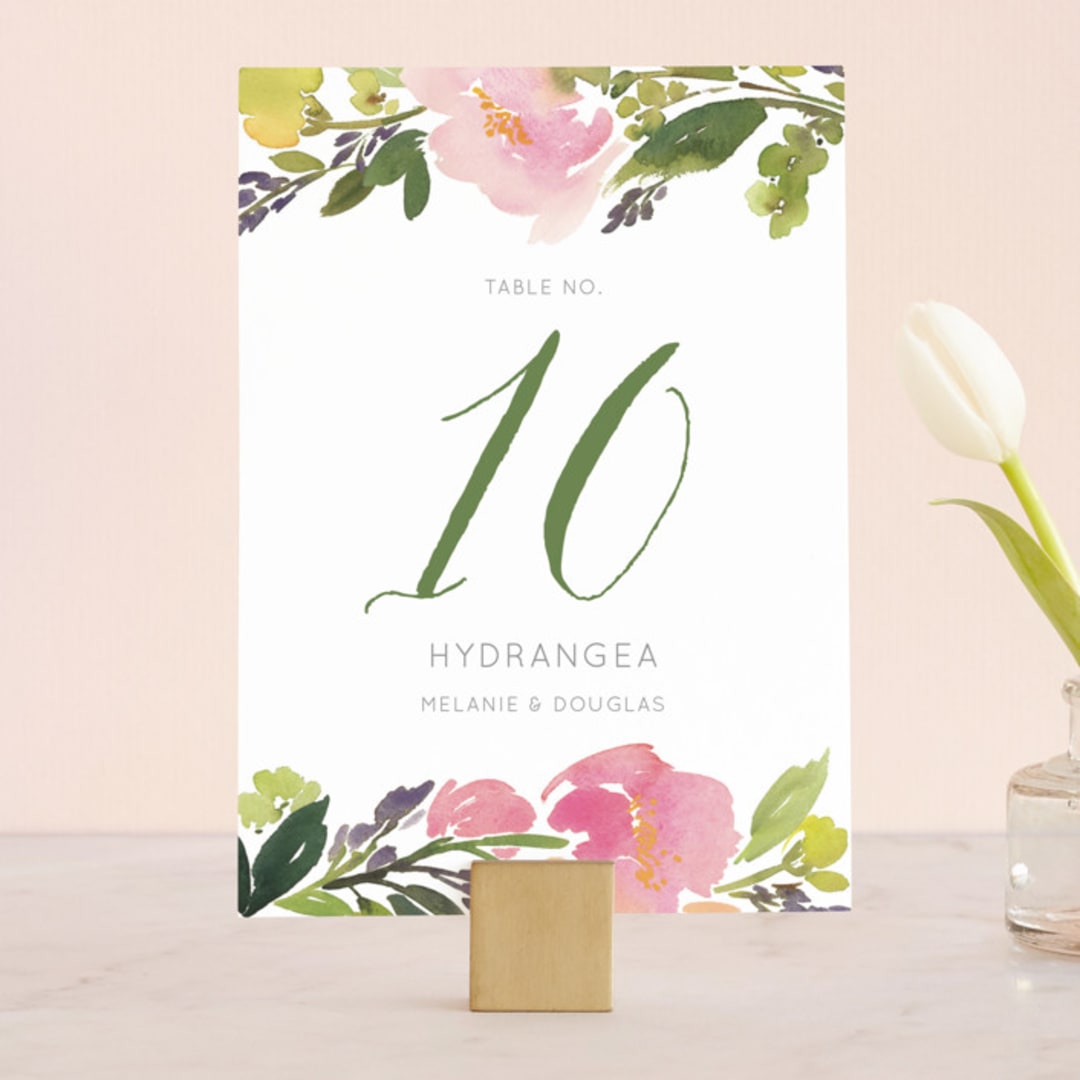 "Watercolor Floral" - Table Numbers in Olive by Yao Cheng Design - Front