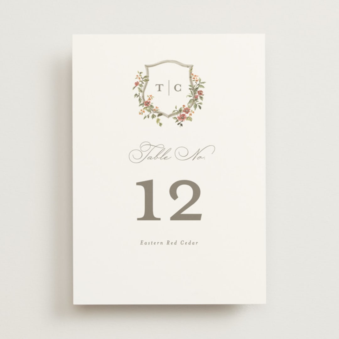 "Foliage Crest" - Table Numbers in Mulberry by Everett Paper Goods - Front
