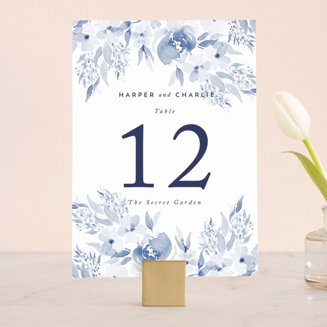 "Poetic Watercolor Flowers" - Table Numbers in Periwinkle by Qing Ji - Front