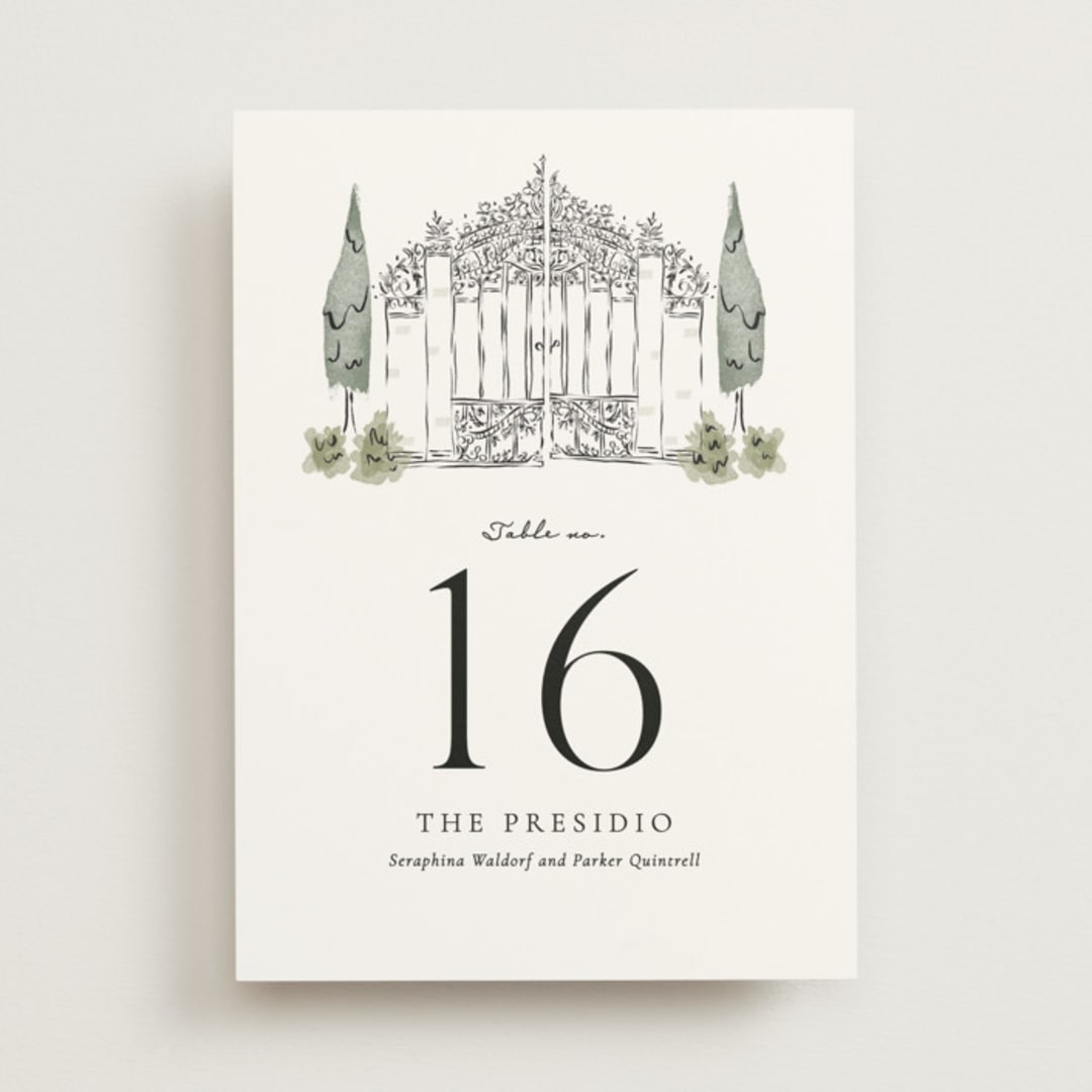 "Hand illustrated Garden Gate" - Table Numbers in Forest by Jackie Crawford - Front