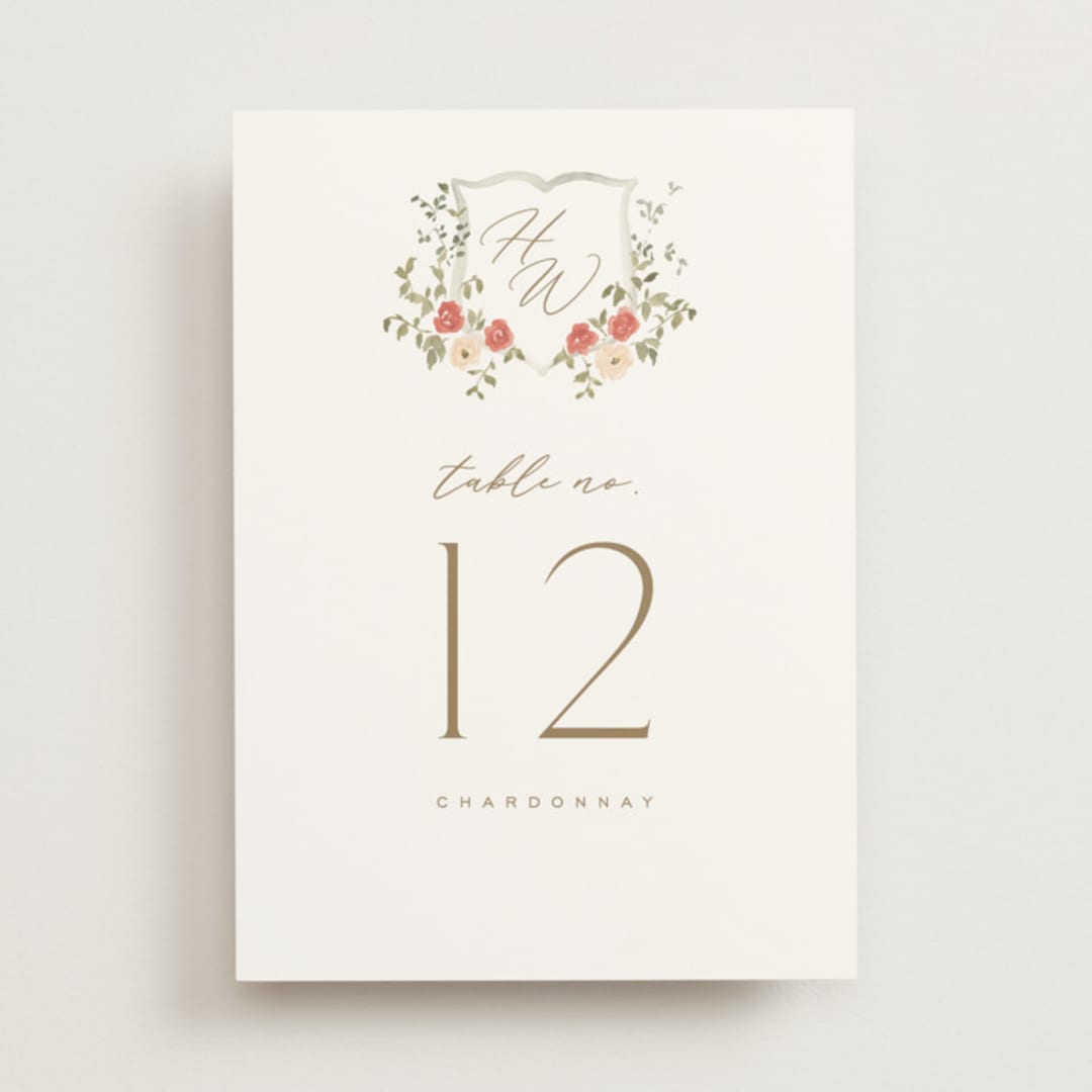 "Roses Crest" - Table Numbers in Pomegranate by Everett Paper Goods - Front