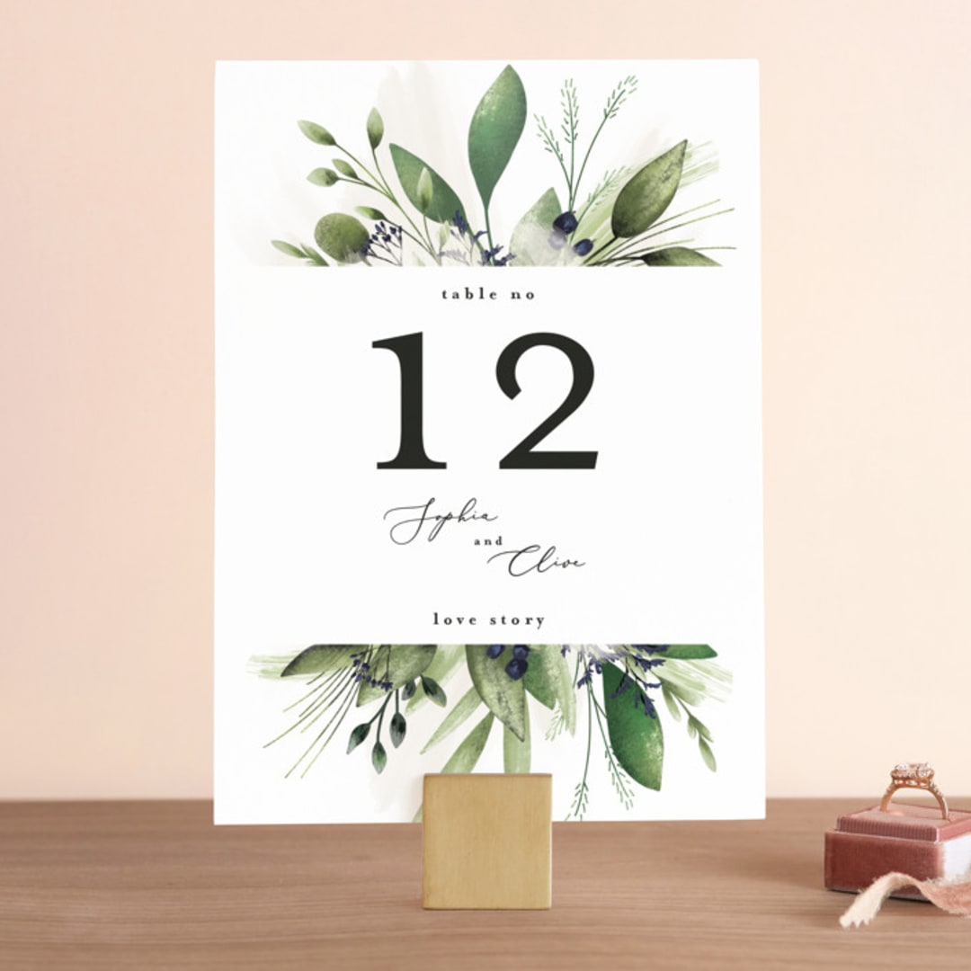 "Greenery Banner" - Table Numbers in Navy by Susan Moyal - Front