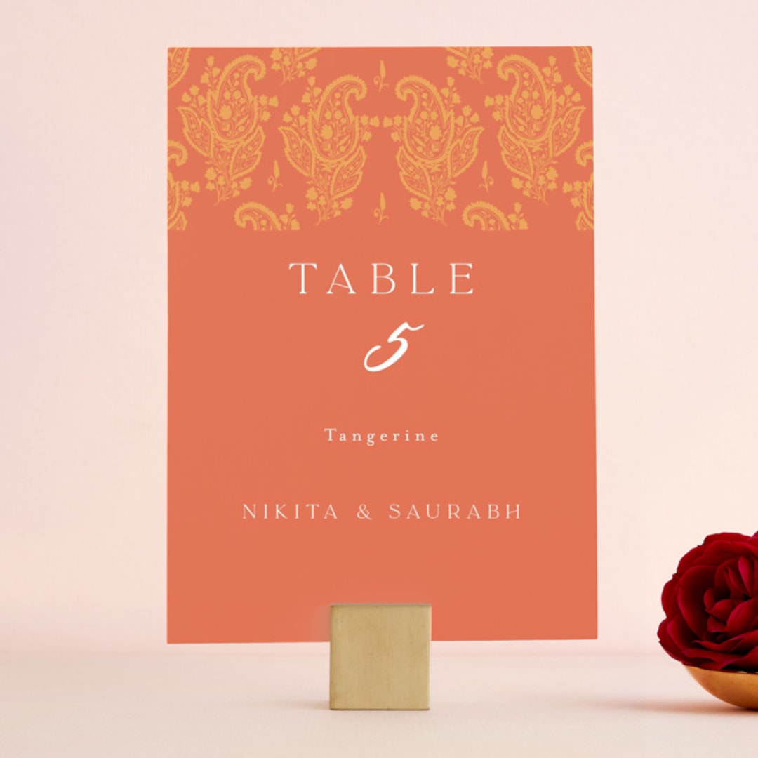 "Heritage Paisley" - Table Numbers in Tangerine by Kanika Mathur - Front