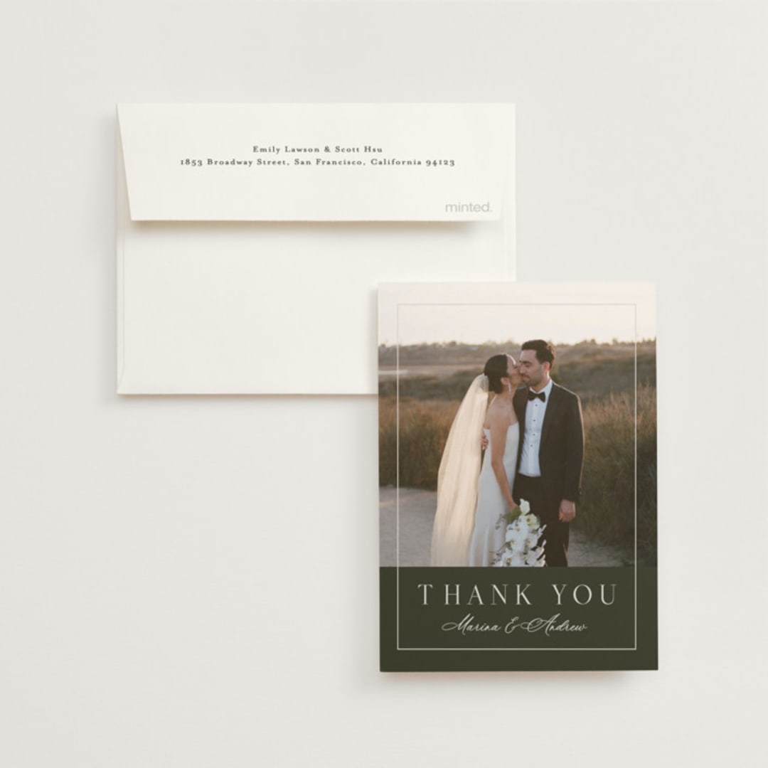 "refined" - Wedding Thank You Cards in Deep Olive by Nicole Walsh - Front