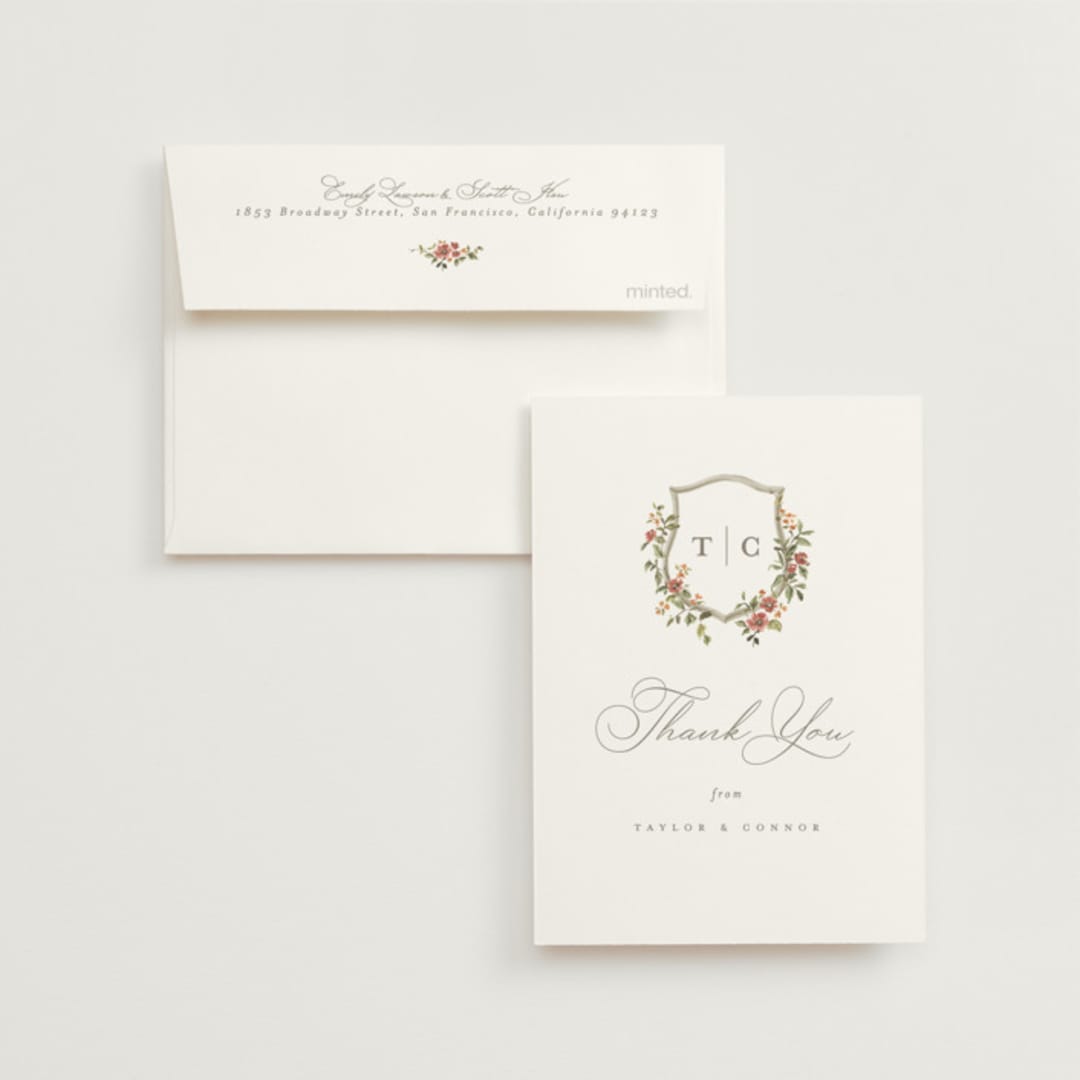 "Foliage Crest" - Wedding Thank You Cards in Mulberry by Everett Paper Goods - Front