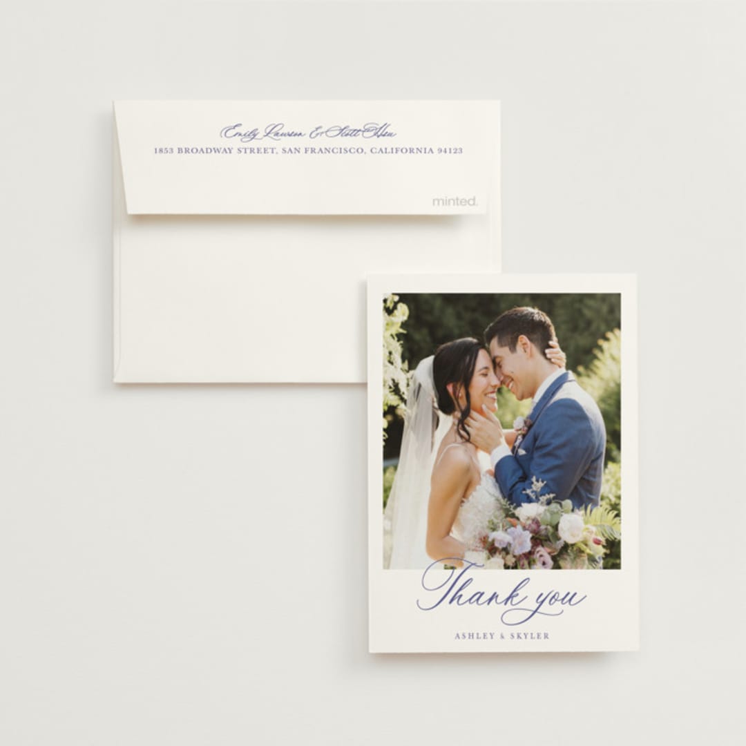 "watercolor flowers crest" - Wedding Thank You Cards in Dusty Blue by Cass Loh - Front