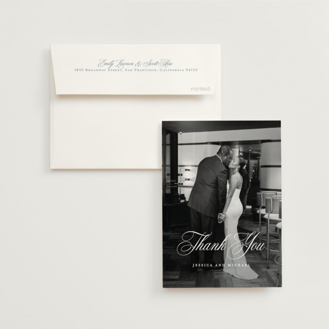 "Empire" - Wedding Thank You Cards in Dusty Blue by Jennifer Postorino - Front