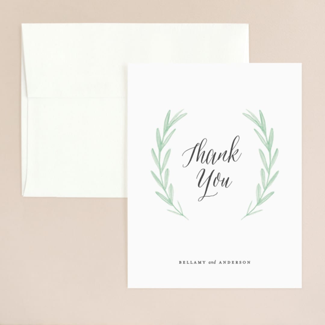 "Painted Leaves" - Wedding Thank You Cards in Evergreen by Olivia Raufman - Front