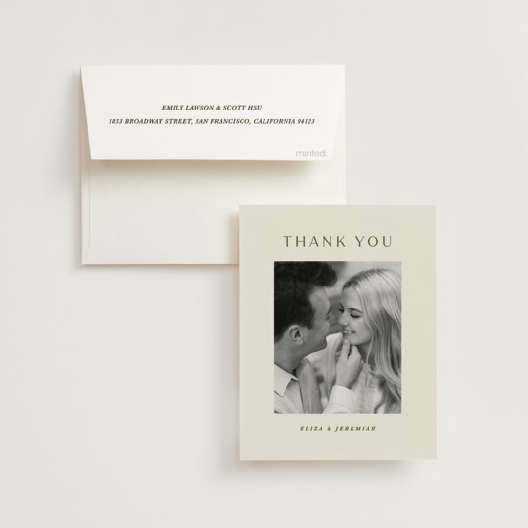 "Blockprint" - Wedding Thank You Cards in Almond by Olivia Kanaley Inman - Front